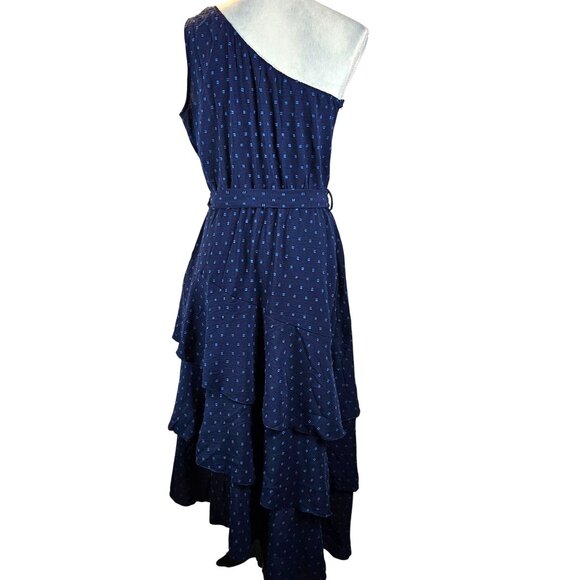 PRETTY GARDEN Womens Swiss Dot Navy One Shoulder Tiered Ruffle Midi Dress Size M - Picture 6 of 12
